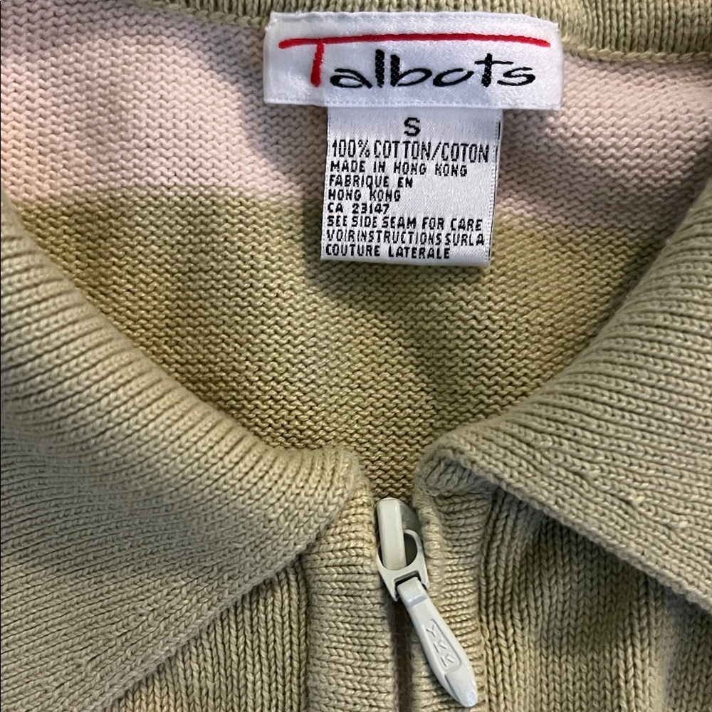 Talbots Lime Green and Cream Striped Collared Zip Front Sweater - Picture 2 of 7